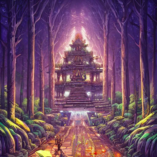 Prompt: street view of gigantic forest temple city at night by cyril rolando and naomi okubo and dan mumford and ricardo bofill