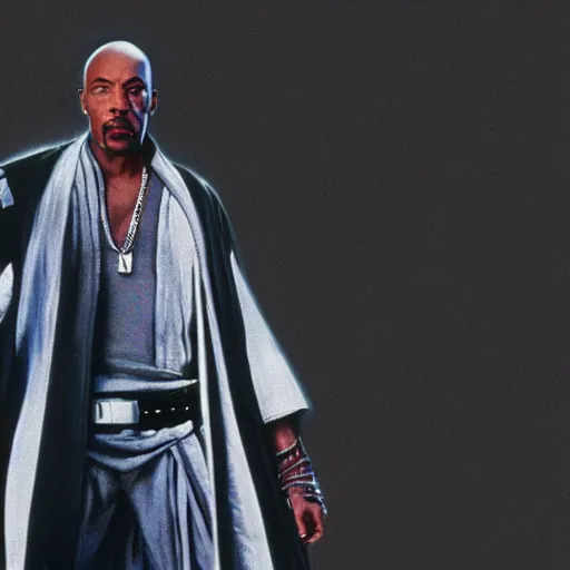 Image similar to Tupac Shakur as Mace Windu, highly detailed lucasfilm concept art from 1990s, 8k, movie still, high contrast