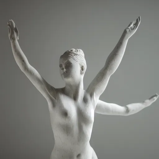 Prompt: a marble statue of a girl doing ballet, 5 0 mm lens, f 1. 4, sharp focus, ethereal, emotionally evoking, head in focus, volumetric lighting, 8 k