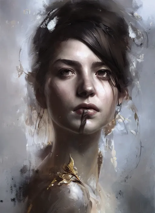 Image similar to golden leaves, beautiful portrait painting by jeremy mann, a female witch absurdly beautiful, elegant, ultrafine hyperrealistic detailed face illustration by wlop and artgerm and greg rutkowski, intricate linework, sharp focus, smooth, octopath traveler, final fantasy, unreal engine, dramatic lighting, ethereal, 8 k