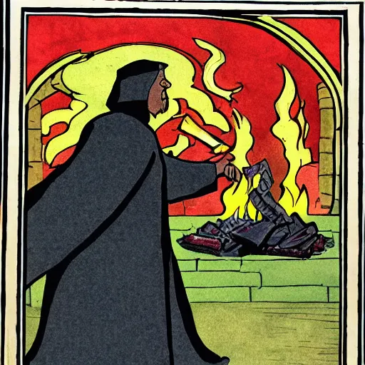 Image similar to full page detailed colored illustration of shadowy man in a dark cloak in front of fire