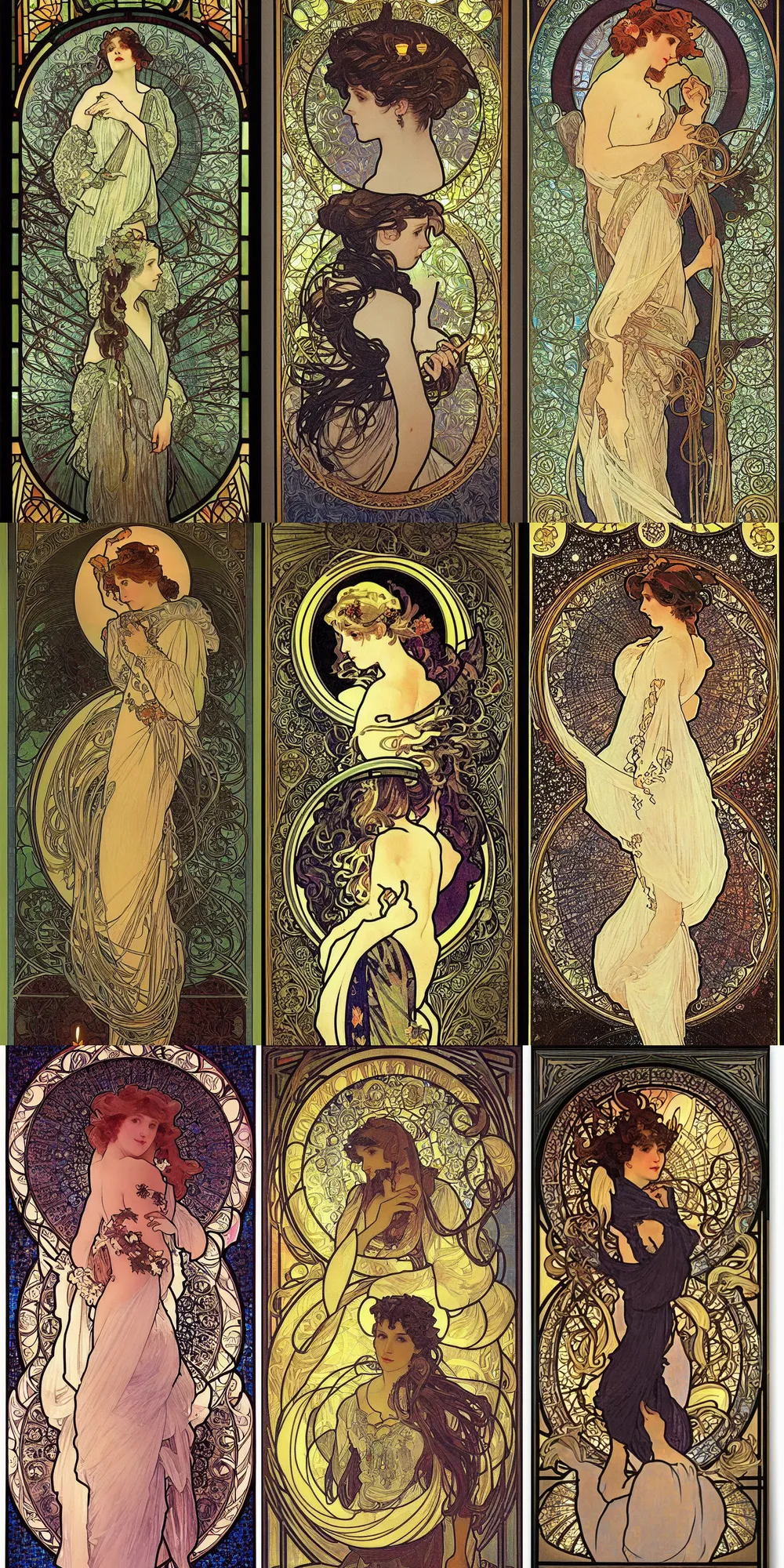 Prompt: night with moon and candle, professional portrait by alphonse mucha, intricate stained glass