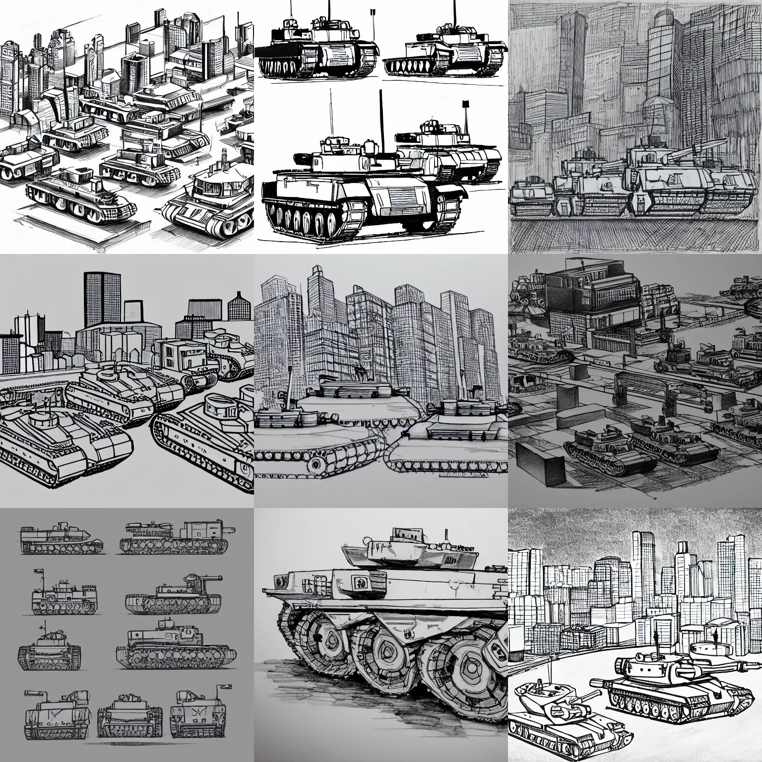 Prompt: orthographic projection of a city and army tanks, ink drawing