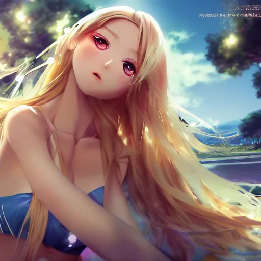 Image similar to a very beautiful young anime girl with 2 0 meters long blond hair, full body, long wavy 2 0 meters long blond hair, sky blue eyes, full round face,, bikini, miniskirt, front shot, playing a virtual reality game highly detailed, cinematic wallpaper by stanley artgerm lau