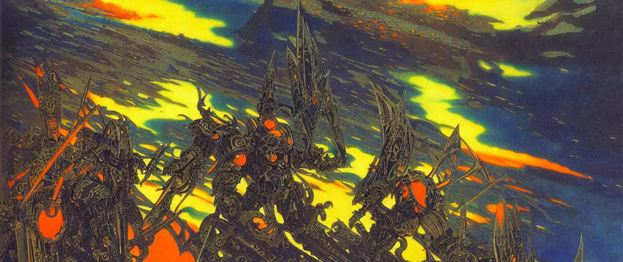 Prompt: composition of gothic and futuristic, warhammer, cyber japan armor, more and more scars, thunderstorm, orange head, some yellow green and blue, the middle ages, highly detailed, artstation, in the style of moebius, jugendstil and classic japanese print, art by robert mccall and john berkey, compositon by jean delville