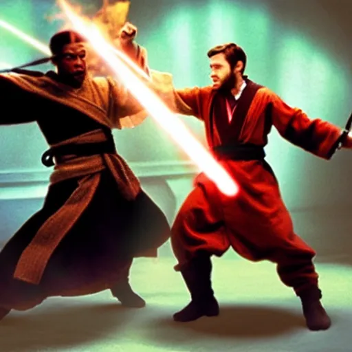 Prompt: a balrog fighting obi wan kenobi