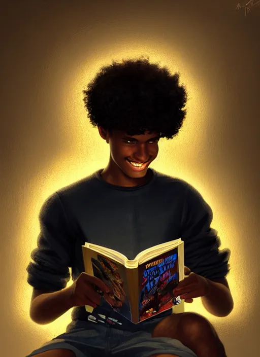 Image similar to portrait of teenage chuck clayton, black teenage boy, short curly hair, short hair square jaw, slight excited smile, reading a comic book, intricate, elegant, glowing lights, highly detailed, digital painting, artstation, concept art, smooth, sharp focus, illustration, art by wlop, mars ravelo and greg rutkowski