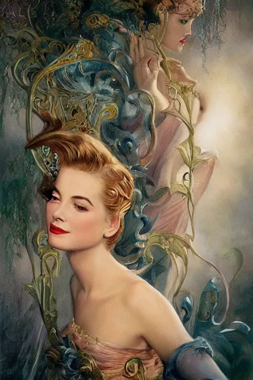 Image similar to a young and extremely beautiful grace kelly infected by night by dali in the style of a modern gaston bussiere, art nouveau, art deco, tom bagshaw. anatomically correct. extremely lush detail. melancholic scene infected by night. perfect composition and lighting. sharp focus. high - contrast lush surrealistic photorealism. sultry expression on her face.