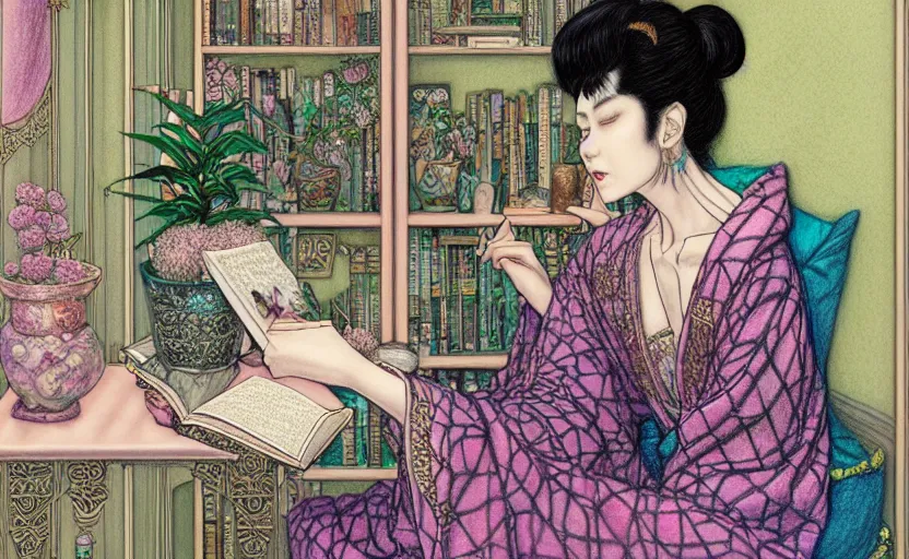 Image similar to a pastel drawing of a woman wizard, ornate clothing, lounging on a purpur pillow on the marbled checkered floor in her study room reading an ancient tome. to the side is a potted plant, moody candlelit raytracing. ancient scifi fantasy setting. detailed face, sharp focus. by chie yoshii and charles vess