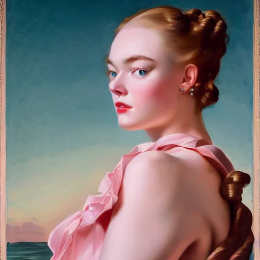 Image similar to leyendecker and peter paul rubens, head and shoulders portrait of a elle fanning, nighttime, on a boat at sea, moon reflection on water, dreamy pink clouds, unreal engine, fantasy art by global illumination, radiant light, detailed and intricate environment