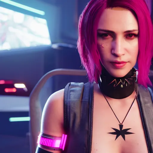 Prompt: female V from Cyberpunk 2077 wearing spiked choker, 4K