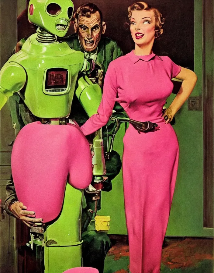 Prompt: a female housewife!!!! being hugged by a metal - suited!!! robot!!!!, 1 9 5 0 s horror film movie poster style, ( norman rockwell oil painting ), close - up, tight shot, retro science fiction, vintage, saturated pink and green lighting, shadowy lighting, cohesive!!, photogenic!!