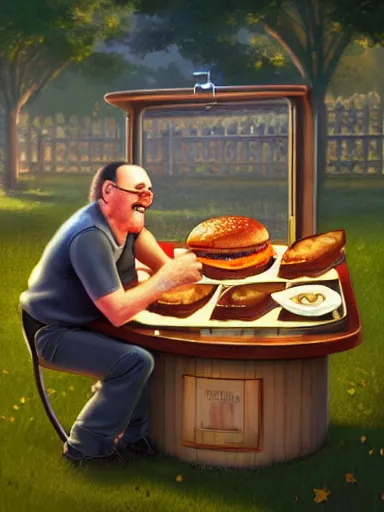 Image similar to a happy middle aged man fliping burgers in the grill on the lawn. intricate, elegant, highly detailed, digital painting, artstation, concept art, sharp focus, illustration, by justin gerard and artgerm, 8 k