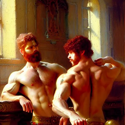 Image similar to attractive muscular mike with ginger hair with attractive tyler with brunet hair, drinking their hearts out, in their noble mansion. highly defined painting, highly detailed painting by gaston bussiere, craig mullins 8 k