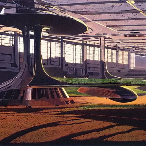 Image similar to painting of a spaceship concept in a farm by syd mead