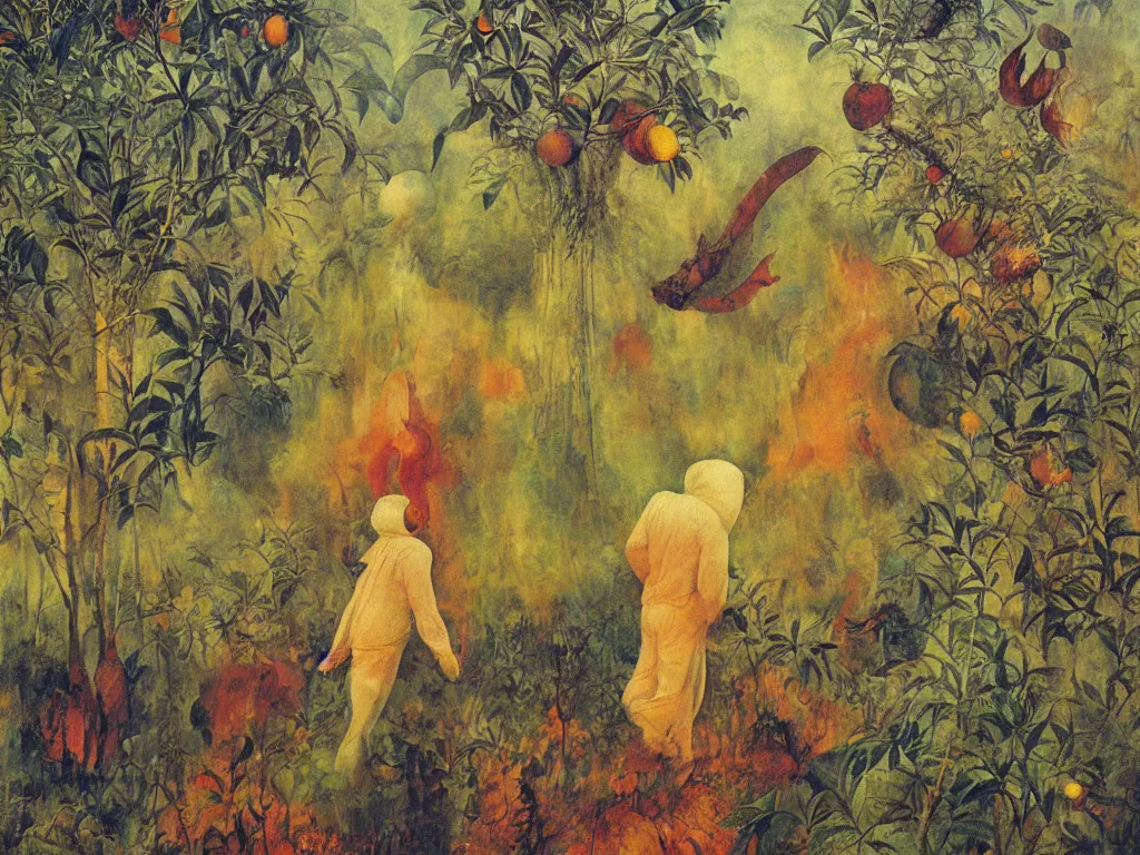 Image similar to man in white beekeeper suit with burning orchard and jungle animals running from the devil. painting by mikalojus konstantinas ciurlionis, bosch, wayne barlowe, agnes pelton, rene magritte