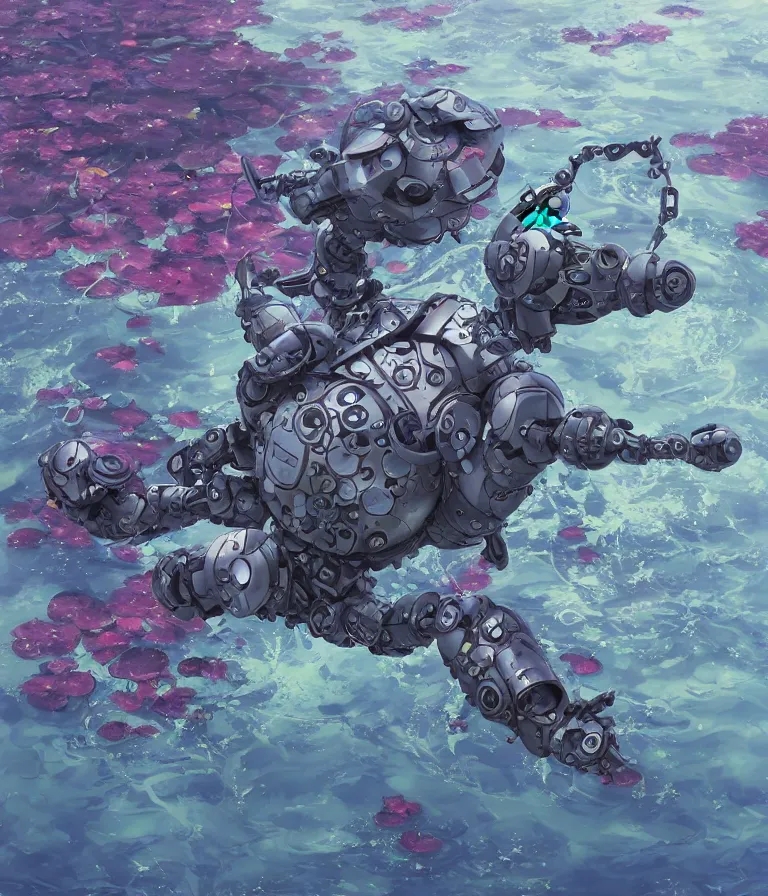 Prompt: waterlily amphibious zeon mobile suit, flower head robot waterlily themed amphibious zeon mobile suit flower petals being robotic limbs, detailed sci - fi painting, waterlily pads sculpted in metal, by cyril rolando, by beeple. biomechanical, bandai box art, 8 k hd resolution, behance hd artstation. # power armor, 8 k hd resolution