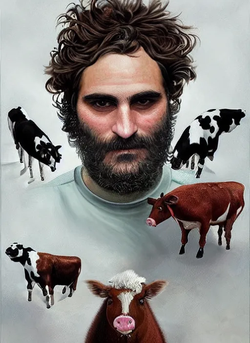 Image similar to a hyper detailed painting of joaquin phoenix surrounded by farm animals, cow, pig, sheep, chicken, horror, by anna podedworna, by miklos ligeti, by diego maricato, by taran fiddler, by antonino truisi, by chris reddie, by jinsung lim, trending on artstation