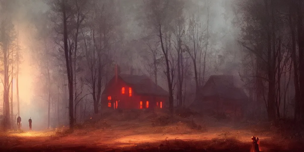 Image similar to an old house with red light on from the windows during the night in a forest, a men stand up in front of the house, mystical fog, oil on canvas, details, a desert road next to the house, illustration, art by andreas achenbach and alena aenami