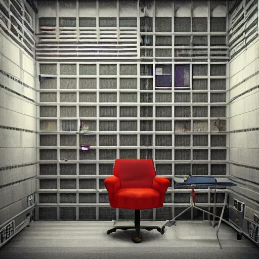 Prompt: cinema 4D cinematic render, ultra detailed, of a person inside a jail cell sitting with a desk and CRT monitor, coding, matrix, cyber, screens and monitors, computer parts, open stack of books, 4K concept art, detailed, brick walls, vibrant setting, cinematic lighting, light shining through the jail cell, casting shadows, trending on art station, old computer monitor, stressful, working, hyper realistic, ultra detailed, unreal engine, 8K post production