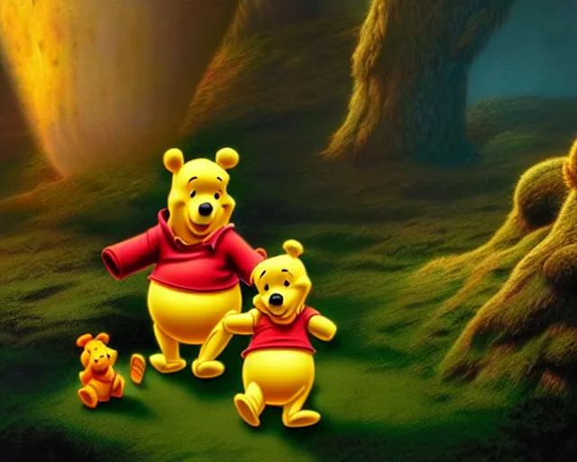 Prompt: winnie the pooh in an epic sci - fi cinematic scene by jim burns