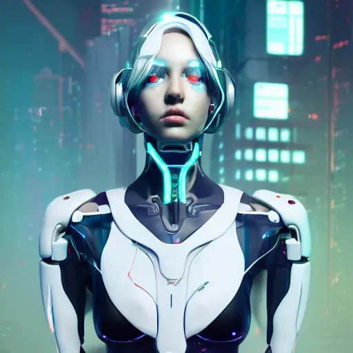 Image similar to white one cast futuristic biomechanic future human, beautiful girl, female, futuristic, neon lights, cyberpunk, 8 k, digital painting, by beeple and makoto shinkai, trending on cg society, glamour pose