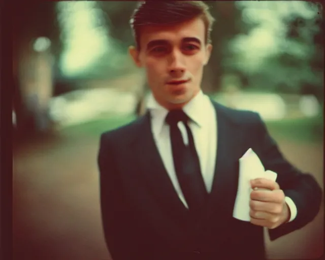 Image similar to a lomographic photo of very confident man in formal cloth, year 1 9 7 0, cinestill, bokeh