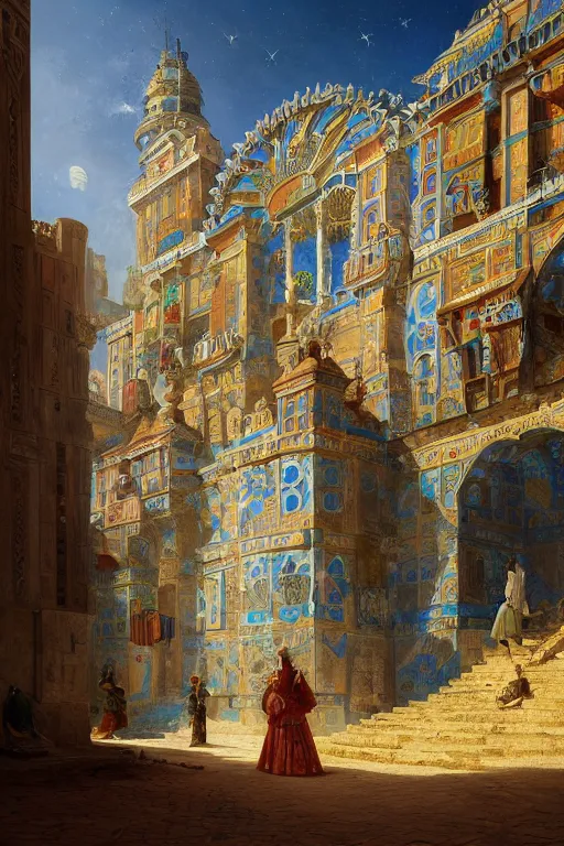 Image similar to glorious painted tower of the sun and stars by Ludwig Deutsch and Rudolf Ernst and tyler edlin, dramatic cinematic lighting , beautiful colorful tilework, ornate architecture, smooth, sharp focus, extremely detailed