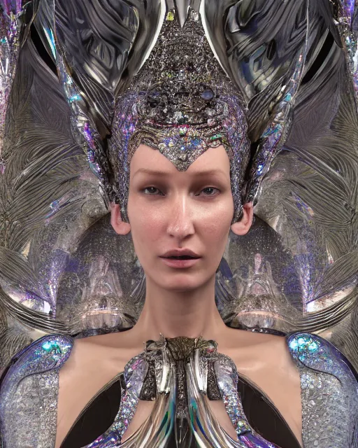 Image similar to a highly detailed metahuman 4 k close up render of an alien goddess bella hadid monument face accessories in iris van herpen dress schiaparelli in diamonds crystals swarovski and jewelry iridescent in style of alphonse mucha gustav klimt trending on artstation made in unreal engine 4