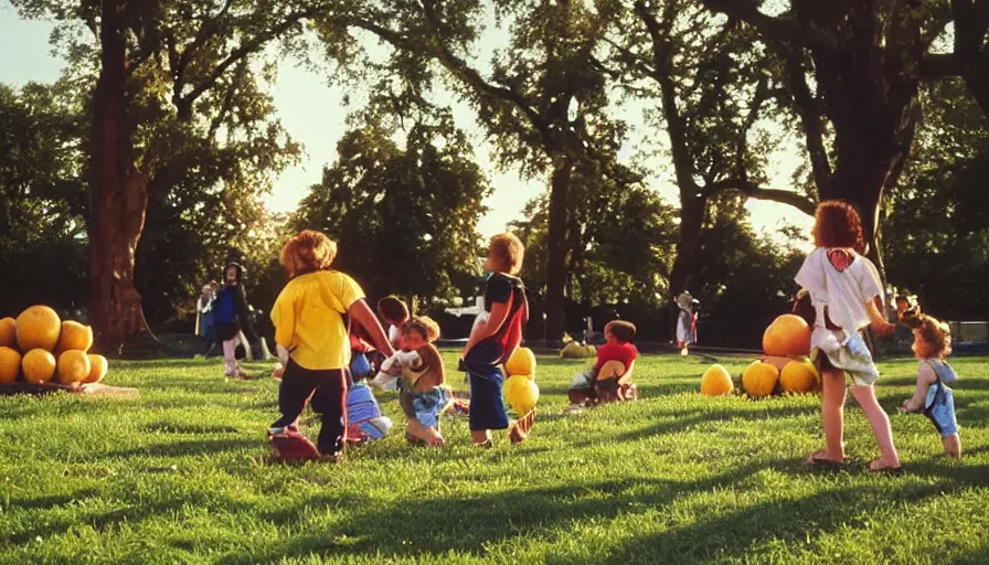 Prompt: 1990s candid photo of a beautiful day at the park, families playing, cinematic lighting, cinematic look, golden hour, large personified fruit people in the background, Enormous fruit people with friendly faces, kids talking to fruit people, UHD