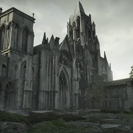 Prompt: imposing abbey, realistic, highly detailed, hd, unreal engine, by guillermo del toro + hideo kojima