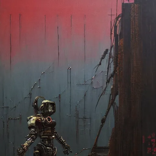 Prompt: rusty and old samurai robot, beksinski and cyberpunk 2 0 7 7 style painting,