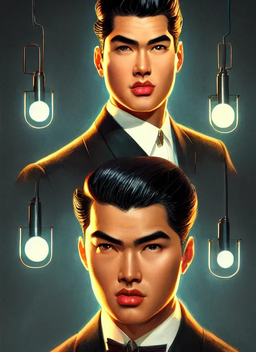 Prompt: portrait of reggie mantle, mean smirk, egotistical, slicked back hair, 1 9 5 0 s, intricate, elegant, glowing lights, highly detailed, digital painting, artstation, concept art, smooth, sharp focus, illustration, art by wlop, mars ravelo and greg rutkowski