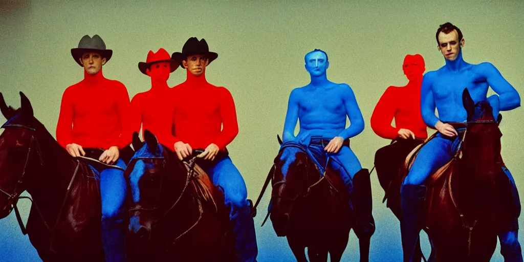 Prompt: color photograph men riding horses blue skin red light wide open vista 1 2 0 mm film highly detailed sharp zeiss lens 1. 8 high contrast chiaroscuro insane quality masterpiece detailed photograph by gottfried helnwein ryan mcginley robert mapplethorpe david armstrong david wojnarowicz