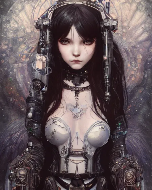 Image similar to portrait of cute beautiful young gothic maiden, cyberpunk, Warhammer, highly detailed, artstation, illustration, art by Gustav Klimt and Range Murata