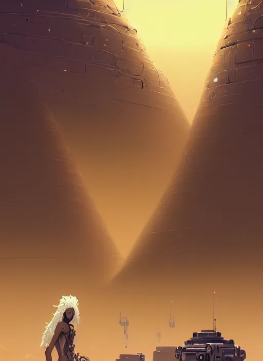 Prompt: highly detailed portrait of a robotic cyborg long curly white hair nomadic tribal lady, stray wiring, emerging from sand by atey ghailan, james gilleard, by joe fenton, by greg rutkowski, by greg tocchini, by kaethe butcher, 4 k resolution, gradient yellow, black and white color scheme!!! ( ( robotic sandstorm robotic pyramid landscape background ) )