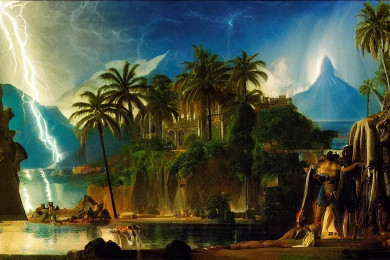 Image similar to Palace of the occult, refracted sparkles, thunderstorm, greek pool, beach and Tropical vegetation on the background major arcana sky and occult symbols, by paul delaroche, hyperrealistic 4k uhd, award-winning, very detailed paradise