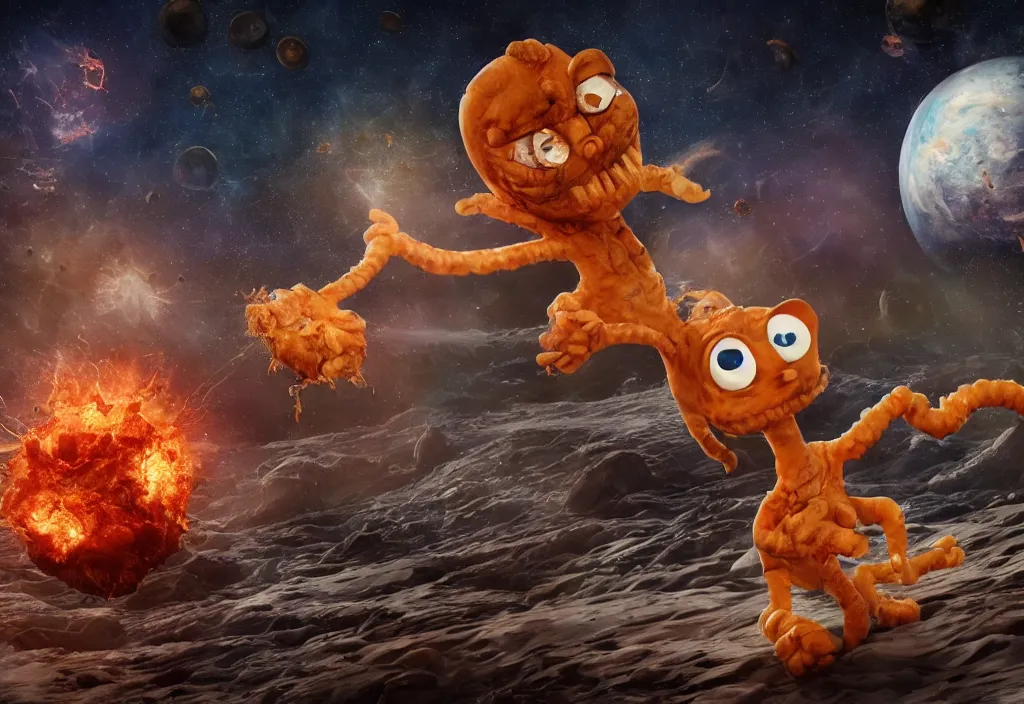 Image similar to eldritch horror bloody garfield in space, hd, 8 k, giant, epic, realistic photo, unreal engine, stars, prophecy, powerful, cinematic lighting, destroyed planet, debris, violent, sinister, ray tracing, dynamic, epic composition, dark, horrific, teeth, grotesque, monochrome drawing, hellscape