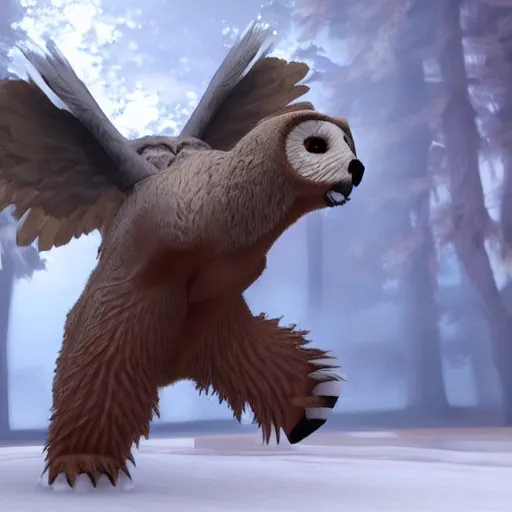 Prompt: bear with owl wings and anime eyes, high quality render, unreal engine , trending