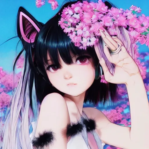Image similar to realistic beautiful gorgeous natural cute Blackpink Lalisa Manoban black hair fur black cat ears, wearing white camisole summer outfit, headphones, black leather choker, tonemapping artwork drawn full HD 4K highest quality in artstyle by professional artists WLOP, Ayami Kojima, Aztodio, Alphonse Mucha, Taejune Kim, Guweiz on Pixiv Instagram Artstation