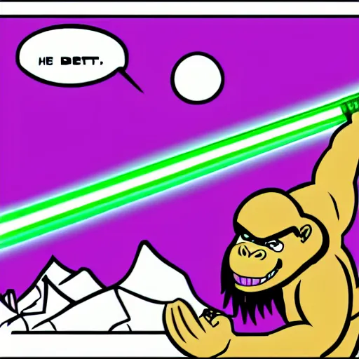 Prompt: purple gorilla using a green light saber in the desert comics style