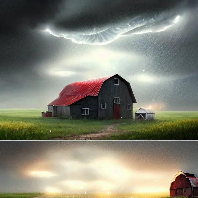 Prompt: epic professional digital art of and epic rainstorm of fried eggs falling on to a Kansas barn at midday, best on artstation, cgsociety, wlop, Behance, pixiv, astonishing, impressive, outstanding, epic, cinematic, stunning, gorgeous, concept artwork, much detail, much wow, masterpiece.