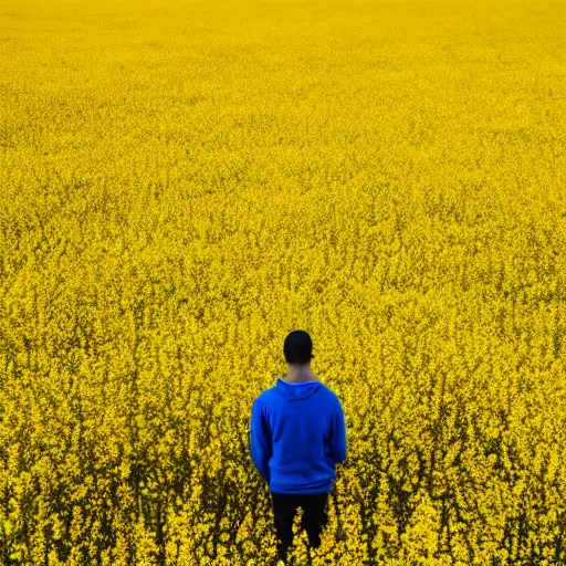 Image similar to an extreme wide shot of a man standing in a yellow field wearing a neon salmon hoodie