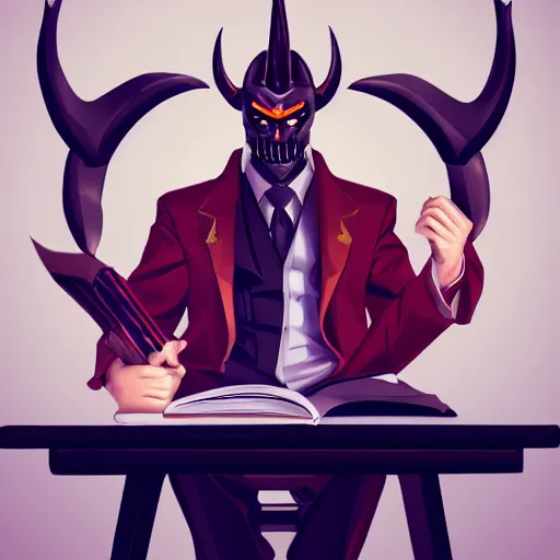 Prompt: dark lord sitting at desk large horns and suit, medium shot, portrait, semi realistic anime, red demon cyberpunk symbols