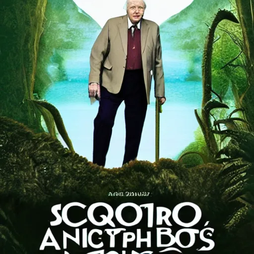 Image similar to movie poster about Sir David Attenborough and cryptids, bigfoot and nessie