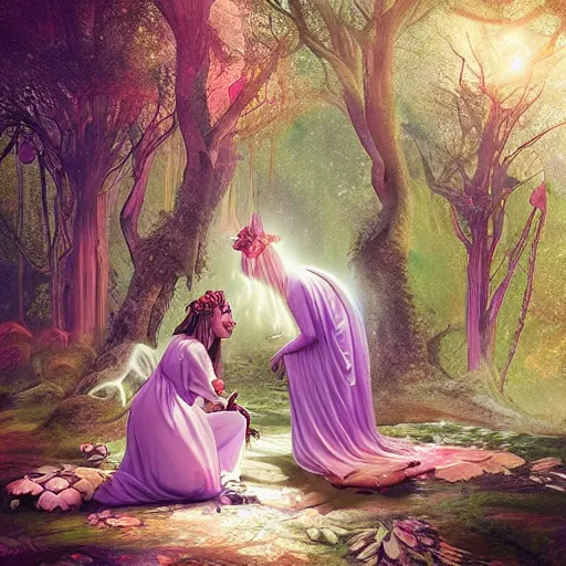 Image similar to “the goddess of love and her daughter making a ritual in a magical forest, sharp focus, detailed, digital art, extra detail, HD, fantasy, 8k”