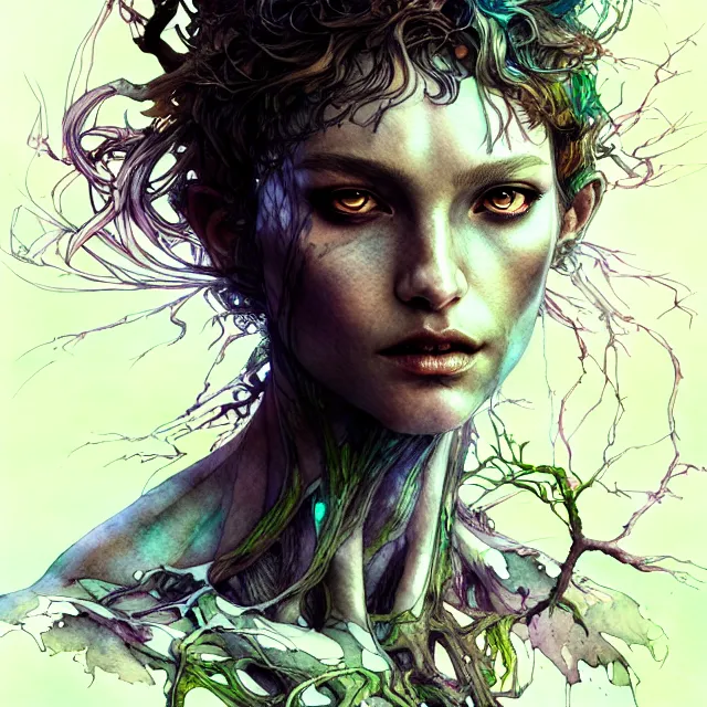 Prompt: portrait, mutant dryad, watercolor, dramatic lighting, extremely high detail, pen and ink, intricate line drawings, by Yoshitaka Amano, Ruan Jia, Kentaro Miura, Artgerm, artstation, WLOP, Pixiv