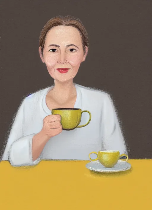 Image similar to middle - aged woman sitting in a table with a hot cup of tea, small wide smile, mandel eyes, forehead, small plump lips, oval face, wrinkled big cheeks calming white background of a kitchen with yellow flowers, pastel colours, thin blurry lines, digital painting, artstation, matte, sharp focus, illustration, realistic oil painting