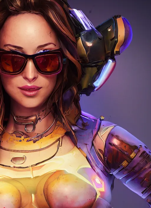 Image similar to glowwave portrait of dakota johnson from borderlands 3, au naturel, hyper detailed, digital art, trending in artstation, cinematic lighting, studio quality, smooth render, unreal engine 5 rendered, octane rendered, art style by klimt and nixeu and ian sprigger and wlop and krenz cushart.