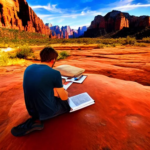 Image similar to award winning cinematic still of man studying the bible in zion national park, rock formations, colorful sunset, epic, cinematic lighting, dramatic angle, heartwarming drama directed by Steven Spielberg, wallpaper